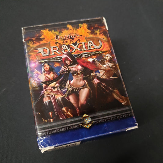 Image shows the front cover of the box of the Legends of Draxia card game