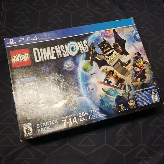 Image shows the front of the Starter Pack box for the video game LEGO Dimensions for Playstation 4