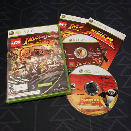 Image shows the case, manuals and two discs for the video game set LEGO Indiana Jones: The Original Adventures / Kung Fu Panda for Xbox 360