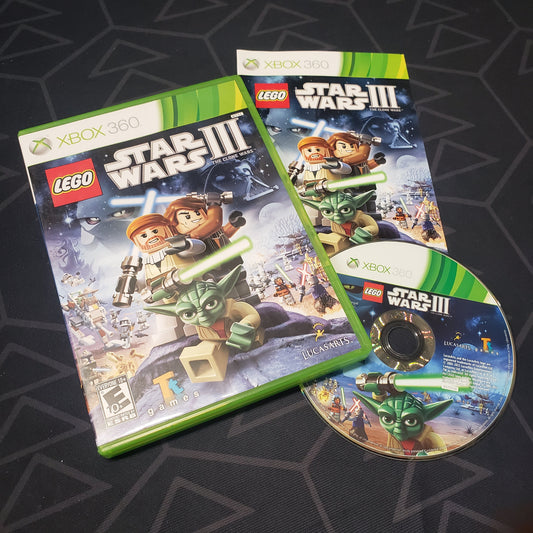 Image shows the case, manual and disc for the video game LEGO Star Wars III: The Clone Wars for Xbox 360