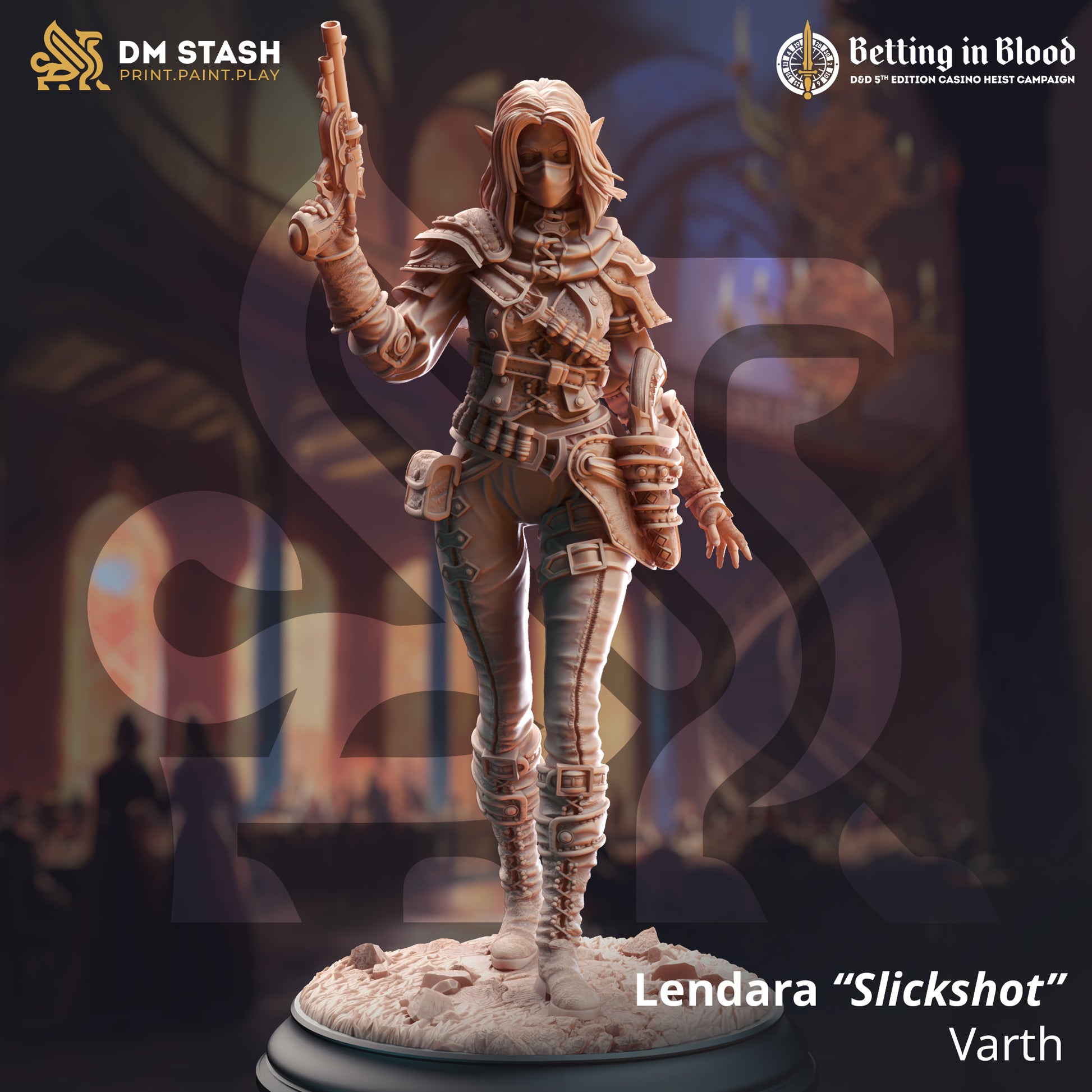 Image shows a 3D render of a half-elf-gunslinger gaming miniature