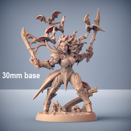 Image shows an 3D render of a vampire hero gaming miniature, hold two swords and surrounded by bats
