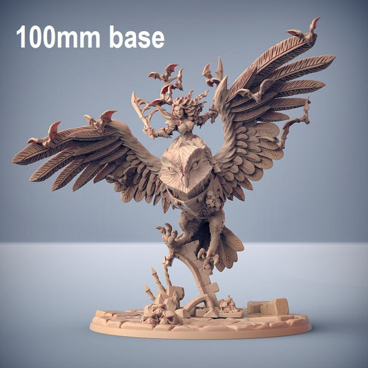 Image shows a 3D render of a gaming miniature depicting a vampire hero riding a giant owl surrounded by bats