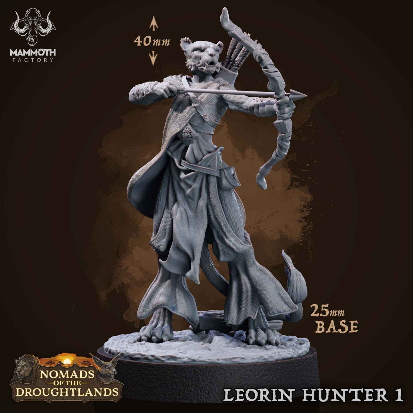 Image shows a 3D render of a leonin ranger gaming miniature.