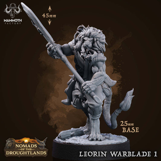 Image shows a 3D render of a leonin barbarian gaming miniature.