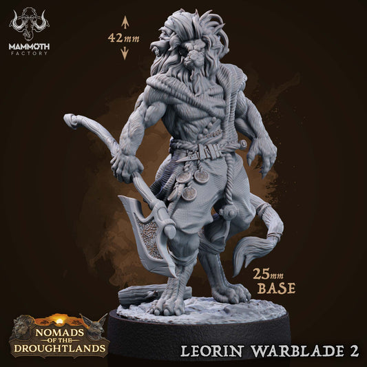 Image shows a 3D render of a leonin barbarian gaming miniature.