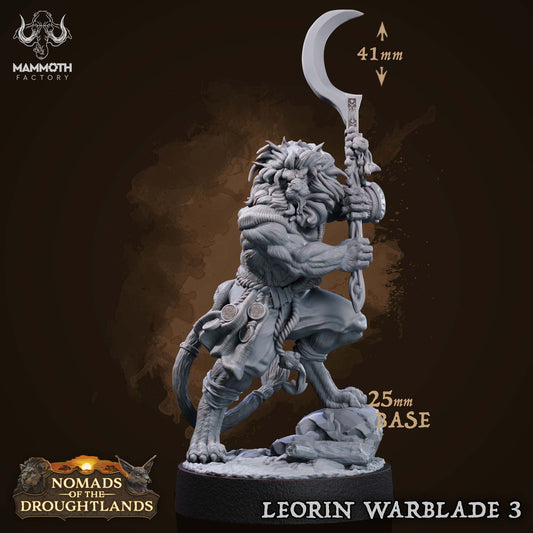 Image shows a 3D render of a leonin barbarian gaming miniature.