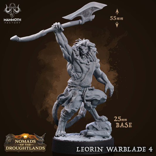 Image shows a 3D render of a leonin barbarian gaming miniature.