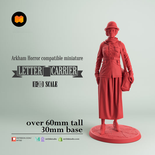Image shows a 3D render of a 1920s era postal worker gaming miniature.