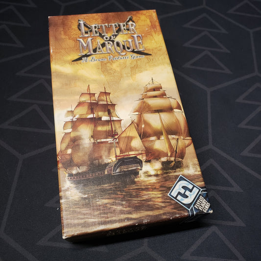 Image shows the front cover of the box for the Letter of Marque card game
