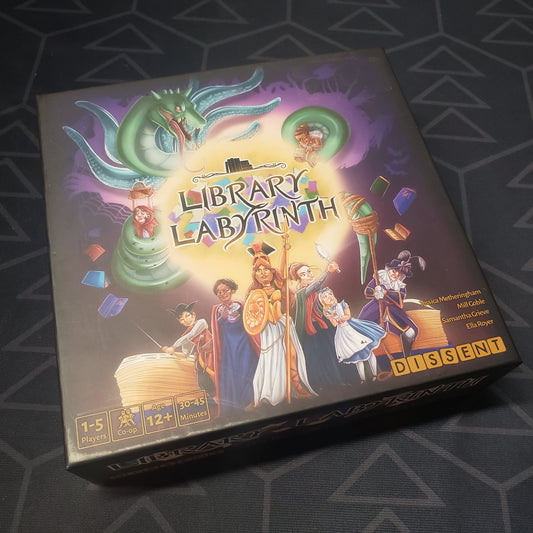Image shows the front cover of the box for the Library Labyrinth board game