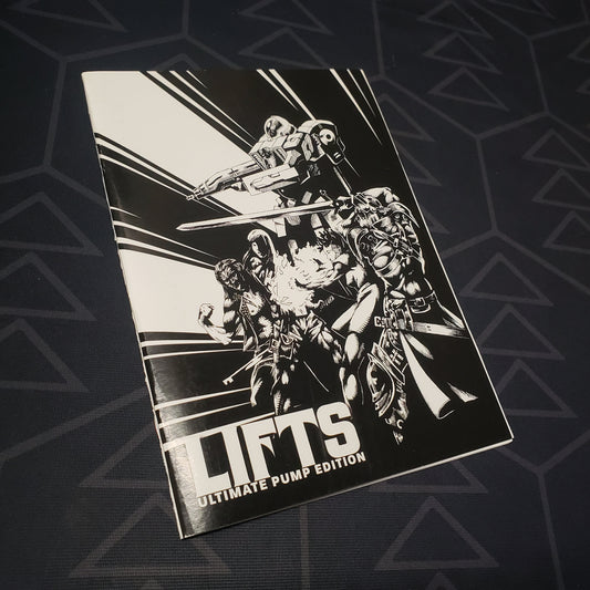 Image shows the front cover of the LIFTS: Ultimate Pump Edition roleplaying game zine book