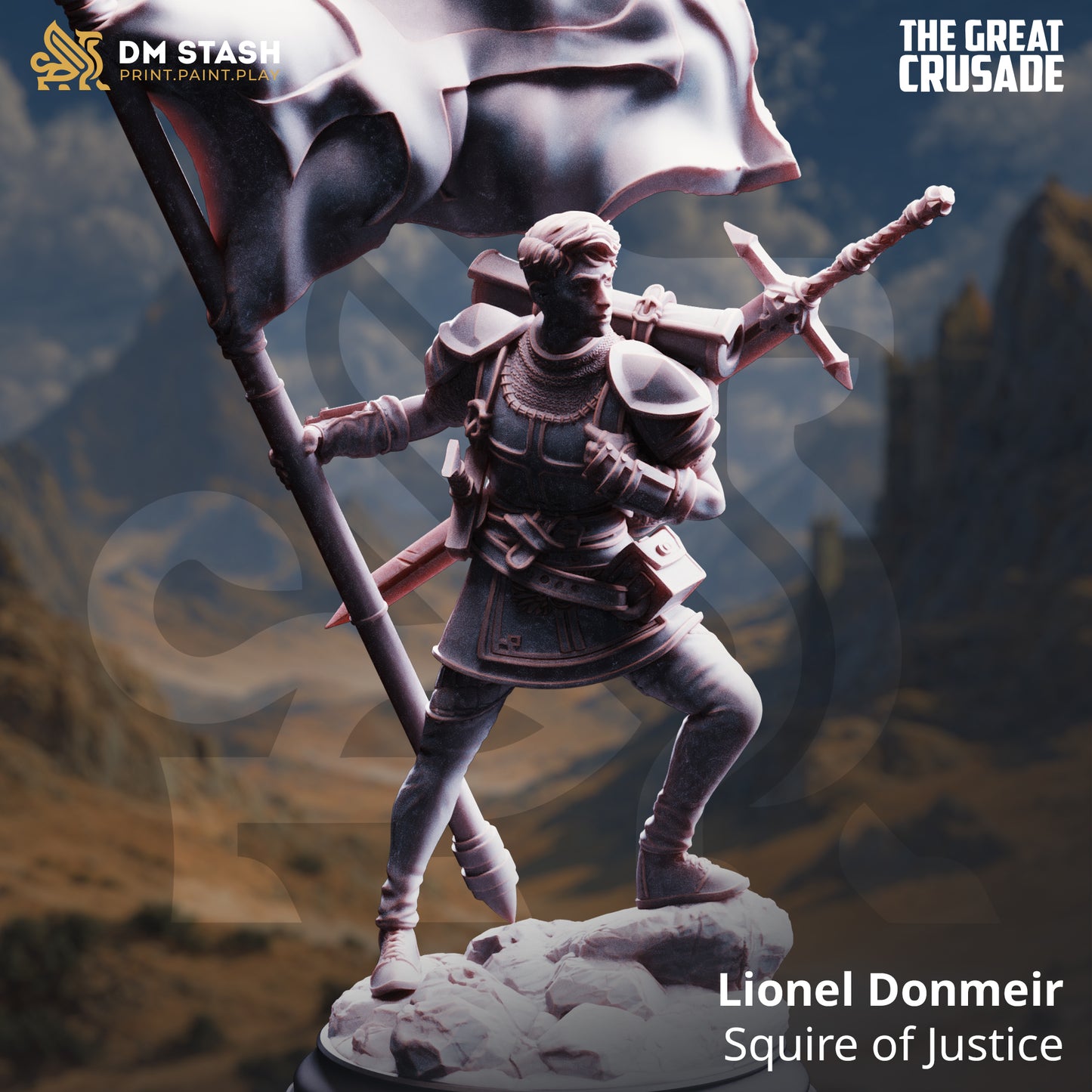 Image shows a 3D render of a human bannerman gaming miniature.