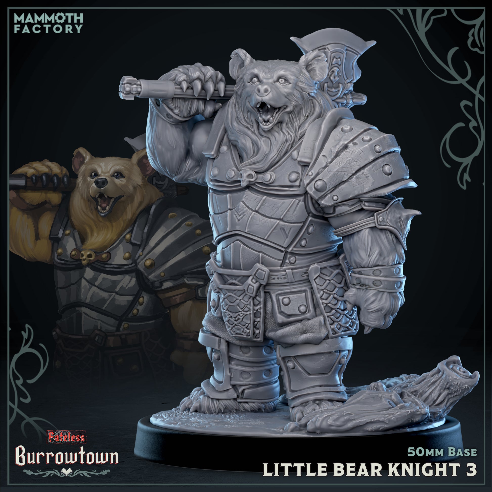 Image shows a 3D render of a bearfolk knight gaming miniature.