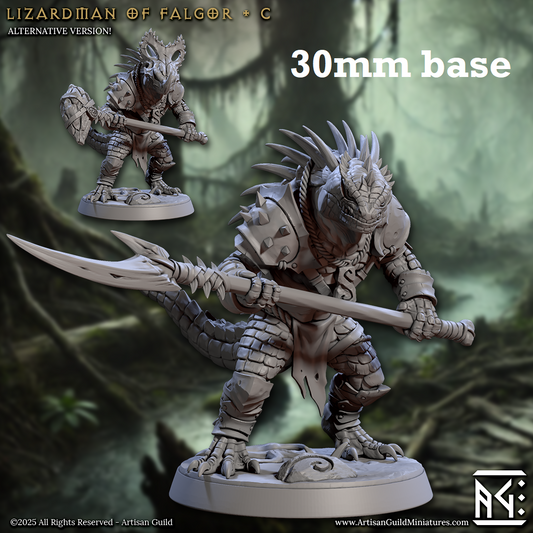 Image shows 3D renders of two sculpt options for a lizardfolk warrior gaming miniature.
