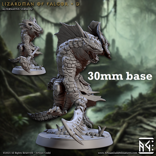 Image shows 3D renders of two sculpt options for a lizardfolk warrior gaming miniature.