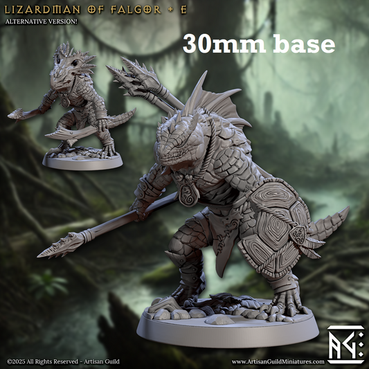 Image shows 3D renders of two sculpt options for a lizardfolk warrior gaming miniature.