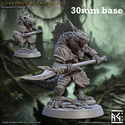 Image shows 3D renders of two sculpt options for a lizardfolk warrior gaming miniature.