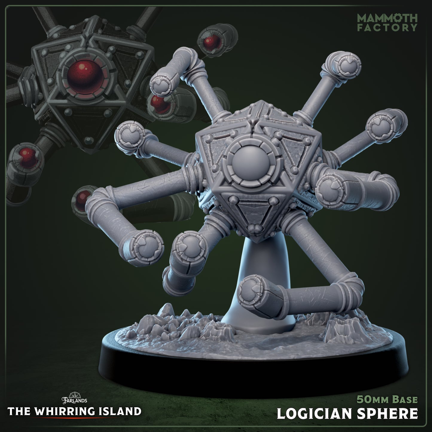 Image shows a 3D render of a warforged beholder gaming miniature.