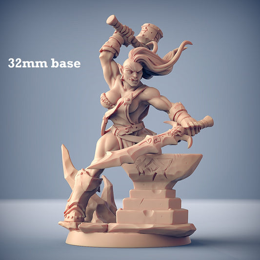 Image shows a 3D render of an orc blacksmith gaming miniature