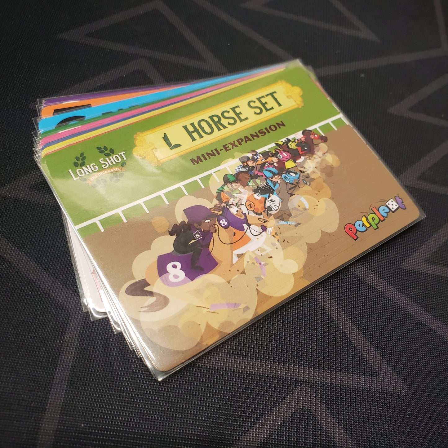 Image shows the fanned-out cards of the Horse Set 4 (Boot) Mini expansion for the board game Long Shot: The Dice Game