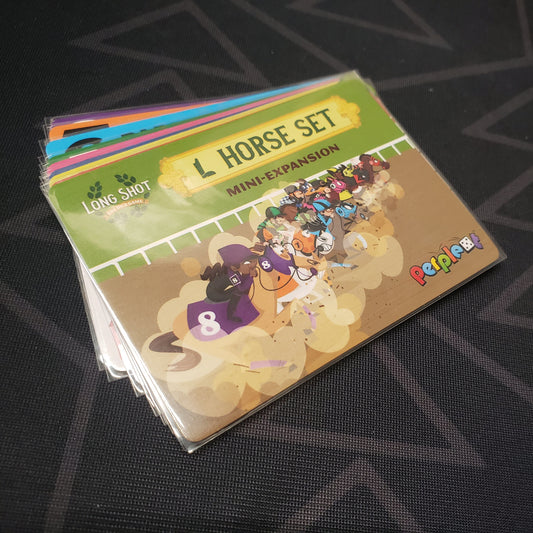 Image shows the fanned-out cards of the Horse Set 4 (Boot) Mini expansion for the board game Long Shot: The Dice Game