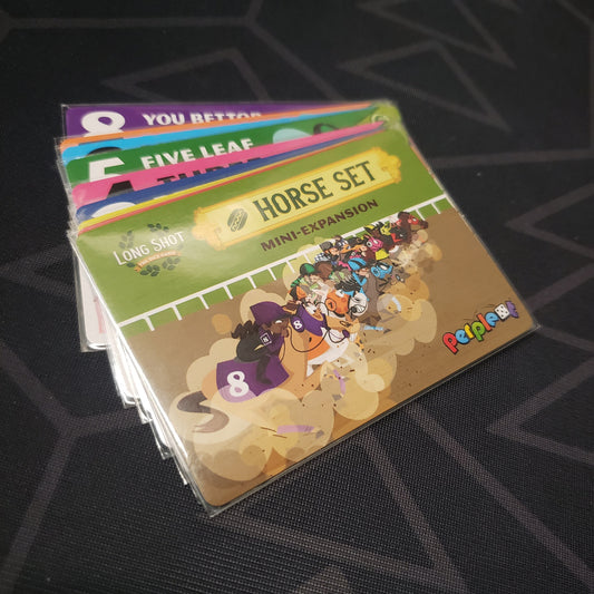 Image shows the fanned-out cards of the Horse Set 5 (Hot Dog) Mini expansion for the board game Long Shot: The Dice Game