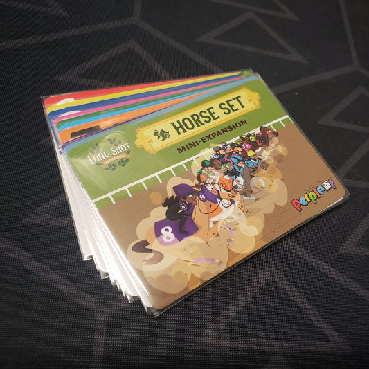 Image shows the fanned-out cards of the Horse Set 6 (Jockey) Mini expansion for the board game Long Shot: The Dice Game
