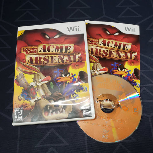 Image shows the case, manual & disc for the video game Looney Tunes: Acme Arsenal for Nintendo Wii