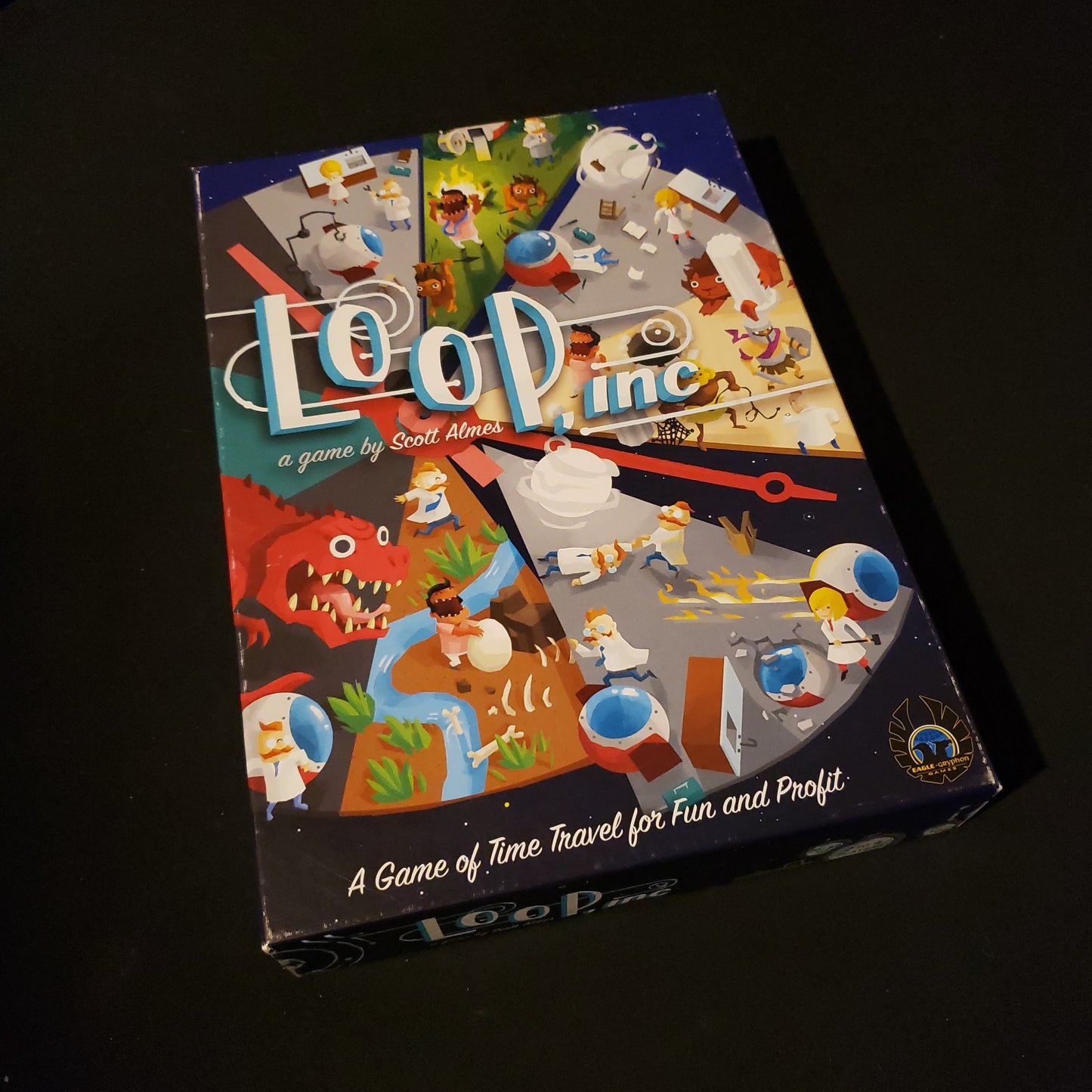 Image shows the front cover of the box of the Loop Inc. board game