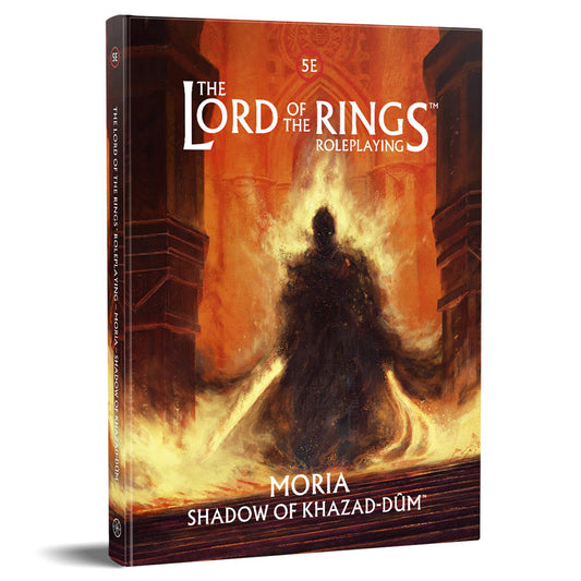 Image shows the front cover of the Moria: Shadow of Khazad-Dum book for the Lord of the Rings 5E roleplaying game