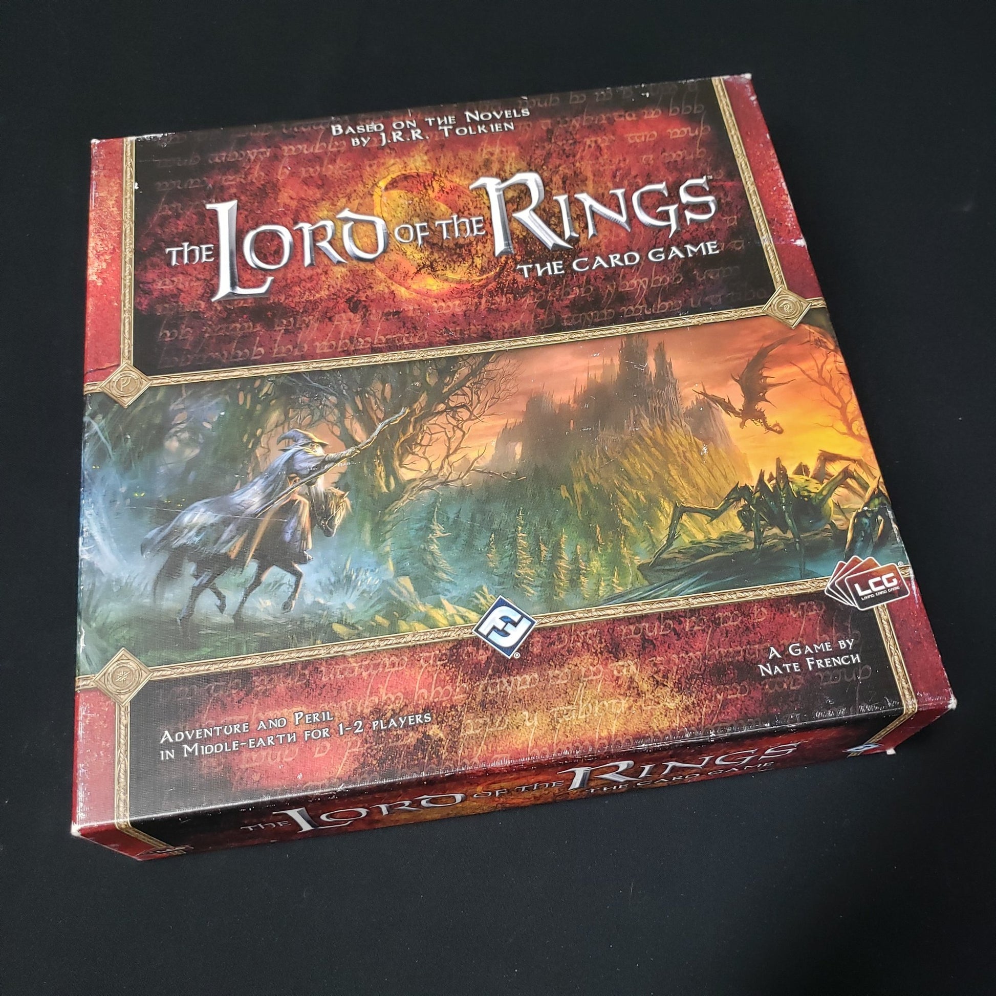 Image shows the front cover of the box of the Lord of the Rings: Card Game base set