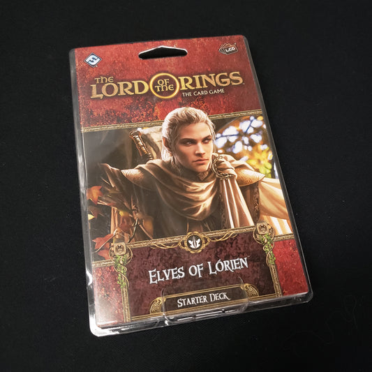 Image shows the front cover of the package of the Elves of Lorien Starter Deck from the Lord of the Rings Card Game