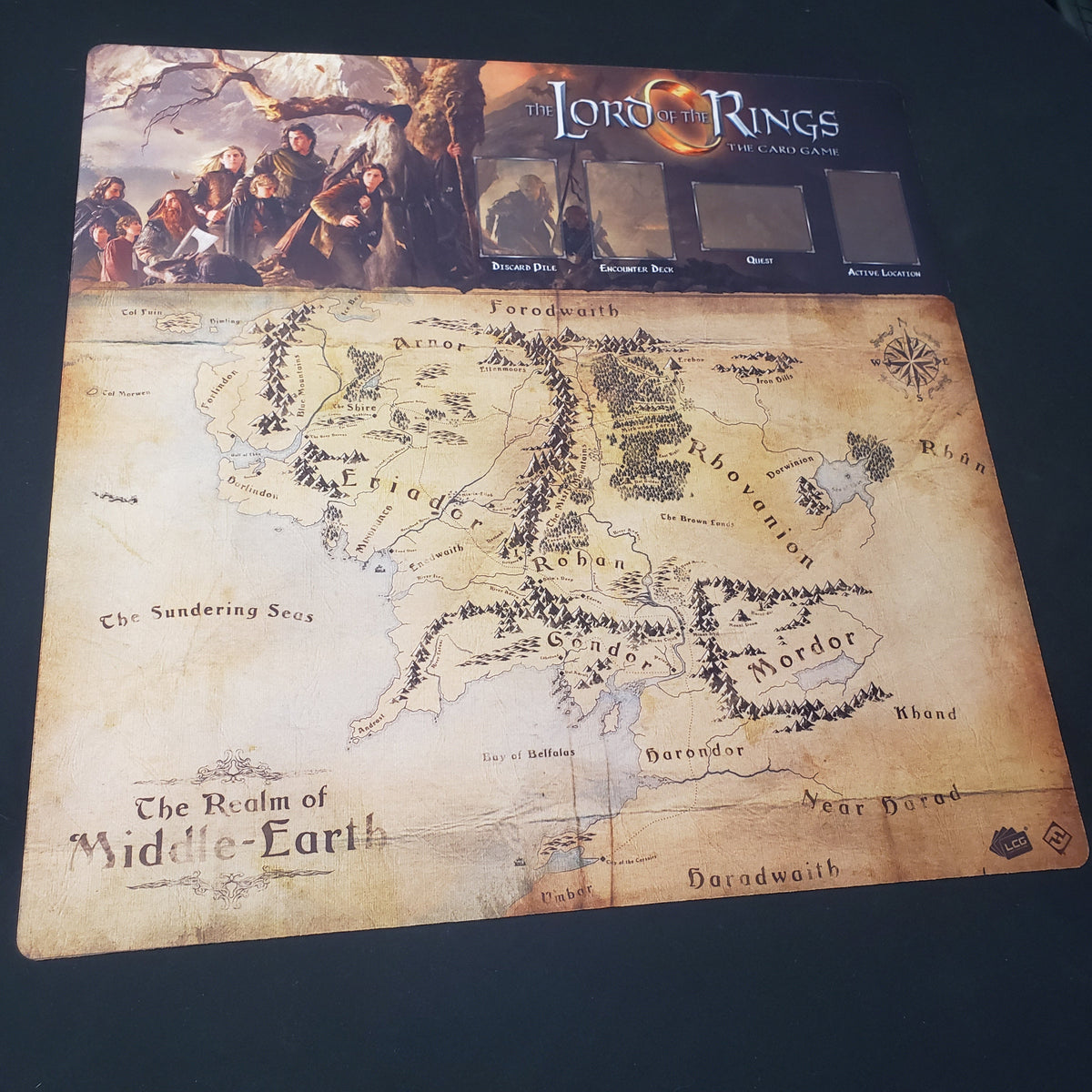 Image shows a mulitplayer gaming playmat for the Lord of the Rings living card game