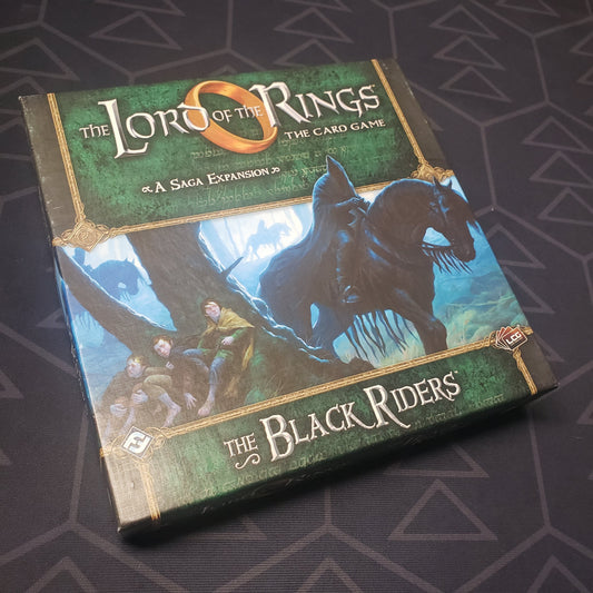 Image shows the front of the box of the Black Riders Saga expansion for the card game Lord of the Rings