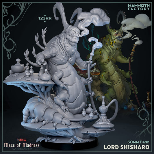 Image shows a 3D render of a giant caterpillar gaming miniature smoking a hookah on a mushroom