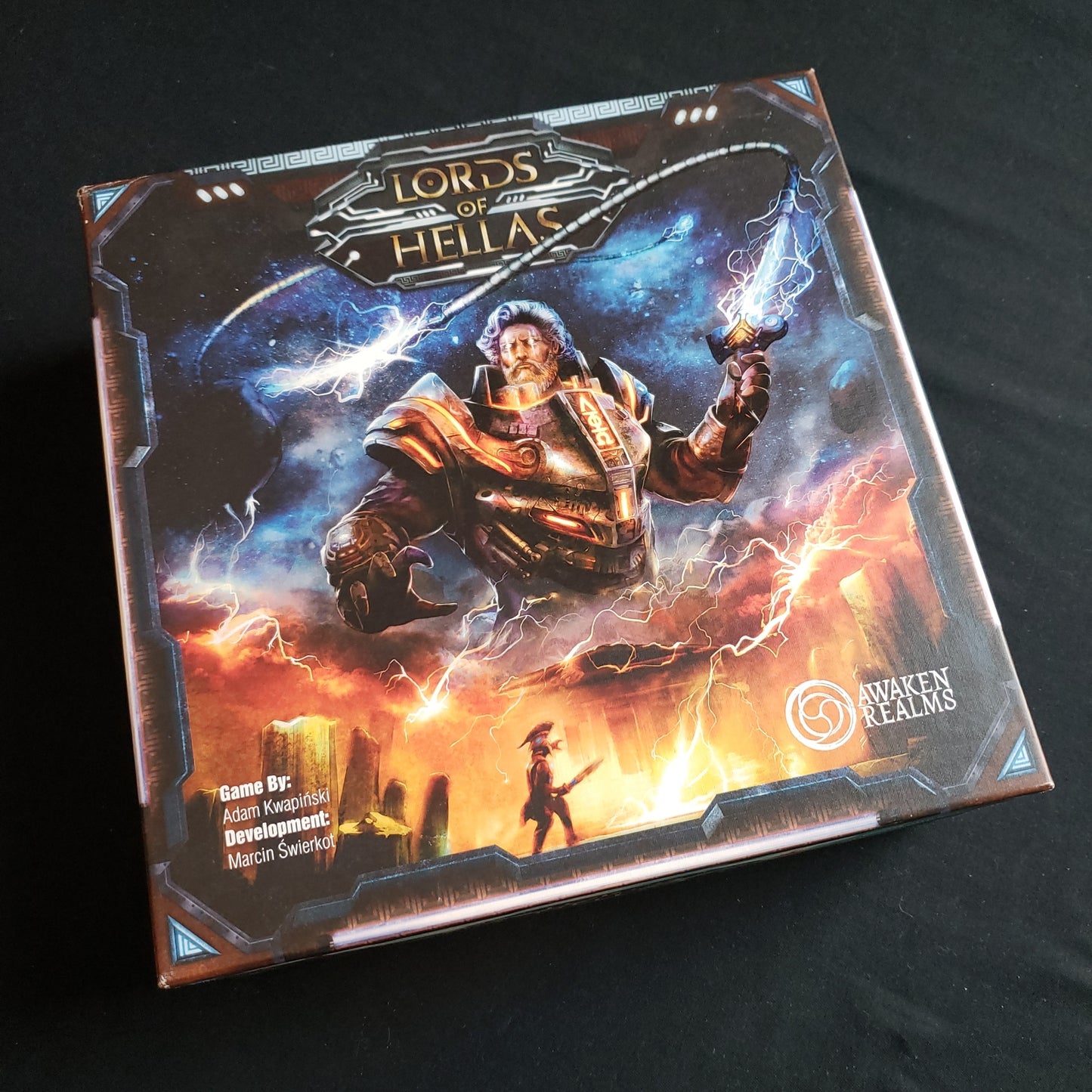 Image shows the front cover of the box of the Lords of Hellas board game
