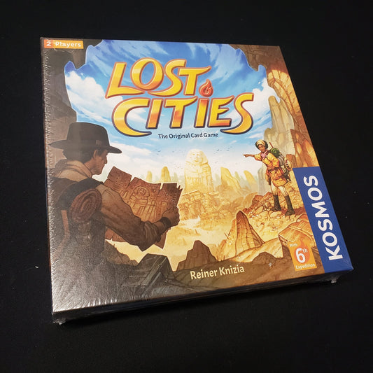 Image shows the front cover of the box of the Lost Cities card game