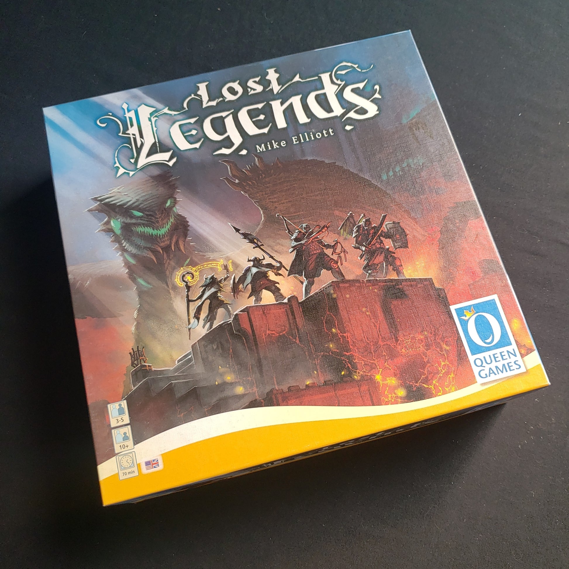 Image shows the front cover of the box of the Lost Legends board game