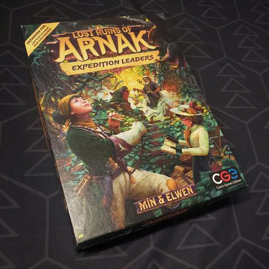 Image shows the front cover of the box of the Expedition Leaders expansion for the board game Lost Ruins of Arnak
