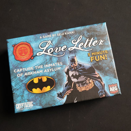 Image shows the front cover of the box of the Love Letter: Batman card game