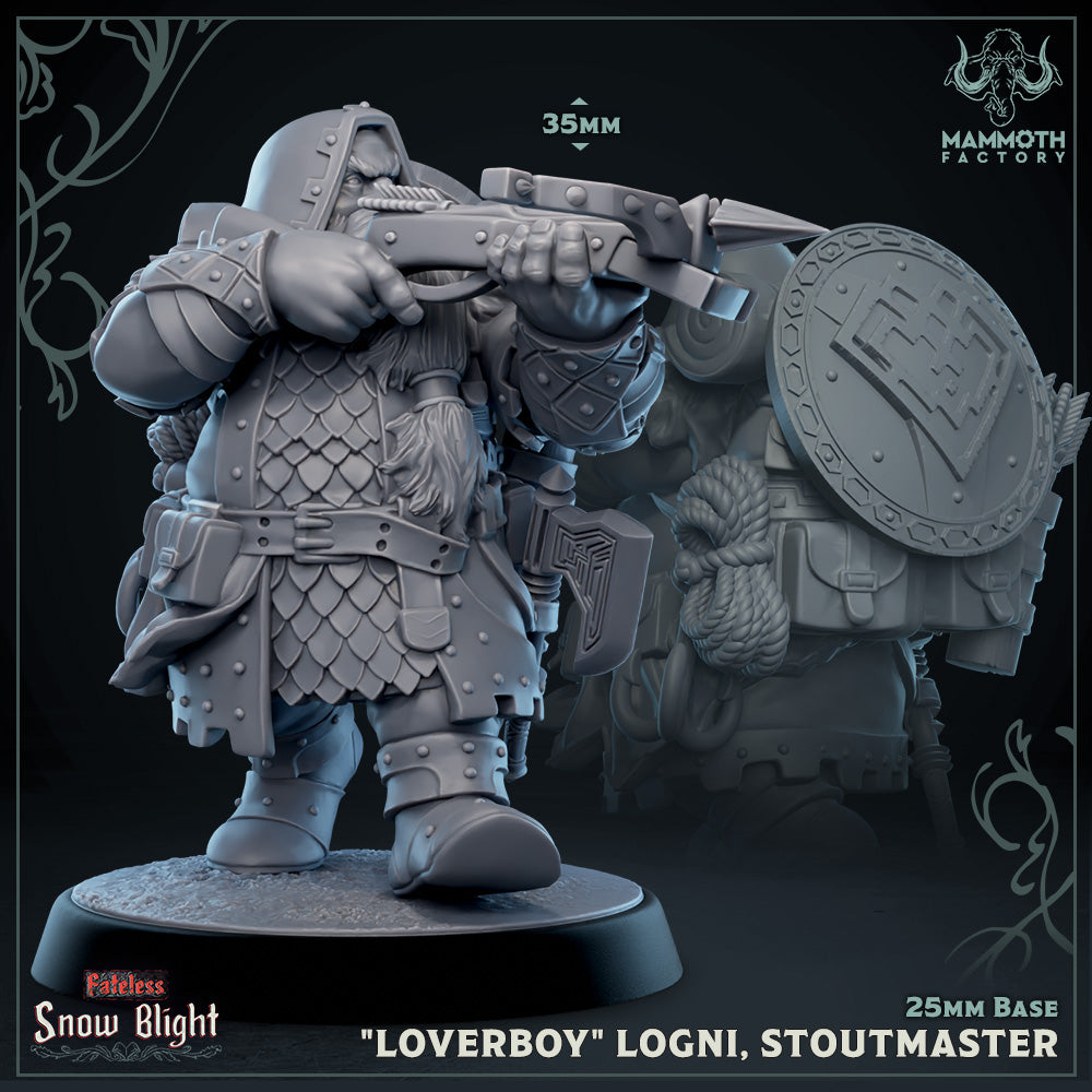 Image shows a 3D render of a dwarf fighter gaming miniature