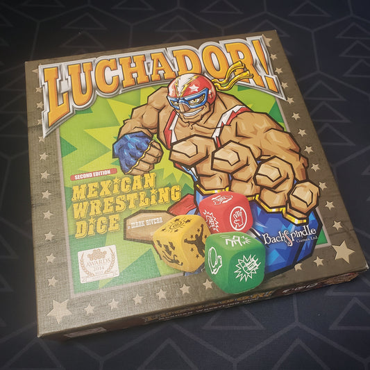 Image shows the front cover of the box of the Luchador! Mexican Wrestling Dice board game