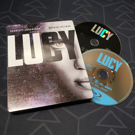 Image shows the steelbook case & two discs for the movie Lucy on Blu-Ray