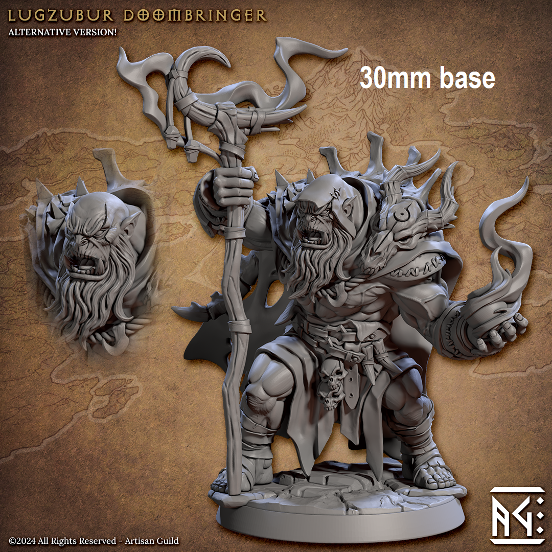 Image shows 3D renders of some different options for an orc sorcerer gaming miniature