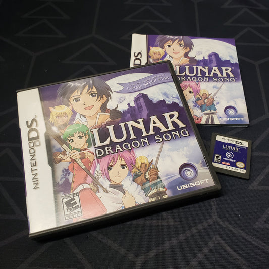 Image shows the case, manual and cartridge for the video game Lunar: Dragon Song for Nintendo DS