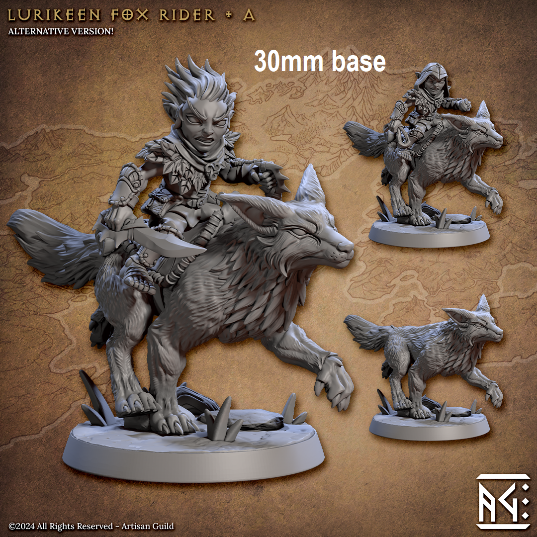 Image shows 3D renders for two options for a gaming miniature featuring a woodland gnome riding a fox, one with a sling & stone wearing a leaf hat, and one with a dagger and set of spiked knuckles