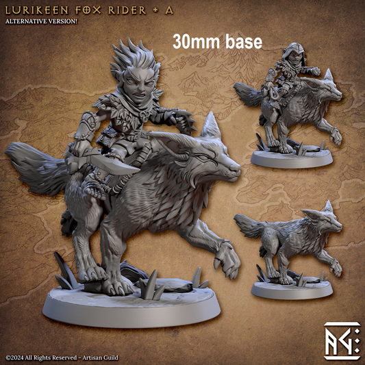 Image shows 3D renders for two options for a gaming miniature featuring a woodland gnome riding a fox, one with a sling & stone wearing a leaf hat, and one with a dagger and set of spiked knuckles