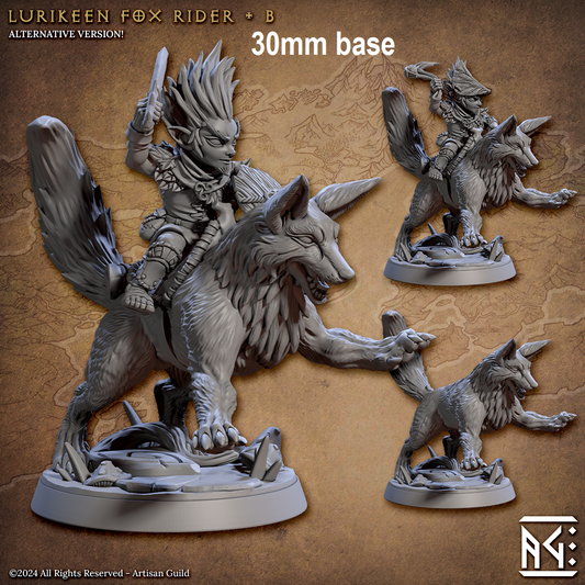 Image shows 3D renders for two options for a gaming miniature featuring a woodland gnome riding a fox, one with a sling wearing a leaf hat, and one with a shield and shortsword