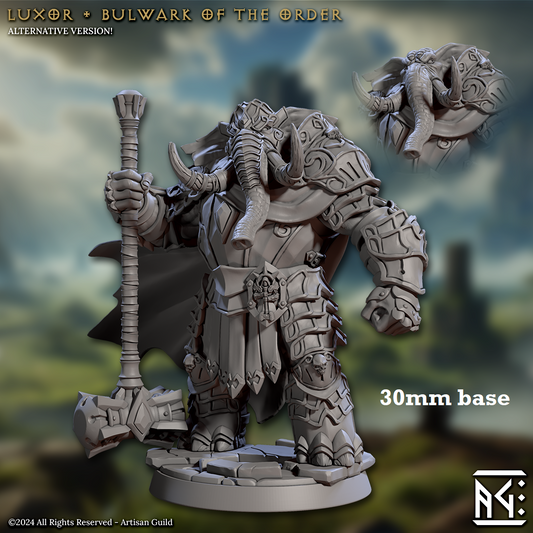 Image shows 3D renders of two different sculpt options for a loxodon paladin gaming miniature